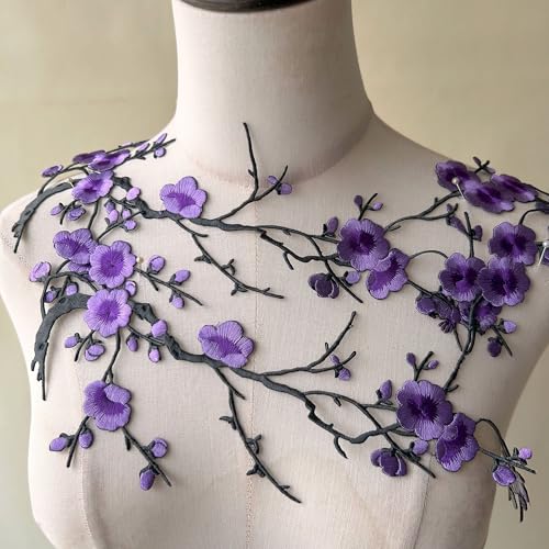 2pcs Iron on Plum Flower Applique Purple Color Embroidery Vine of Floral for Clothing,Costumes - color: Purple