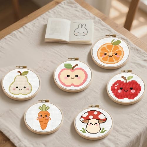 57lilina Cross Stitch Kits for Kids, 6 Set Easy Beginner Embroidery Pattern - color: Fruit B