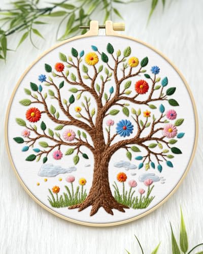 ERKOON Embroidery Kit for Beginners Adult, Cross Stitch Set Include Embroidery Cloth Hoops Threads for Craft Lover Hand Stitch with Embroidery Skill Techniques (Tree) - color: Tree