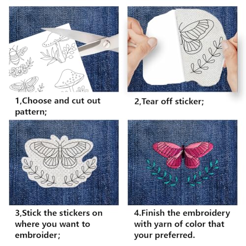 BENECREAT 4Sheets 20Pcs Wreath Bee and Mushroom Water Soluble Embroidery, 11.7x8.3inch Stick and Stitch Embroidery Paper Stabilizer Water Soluble Hand Sewing for Shirts, Coats, Bags - color: Wreath Bee and Mushroom