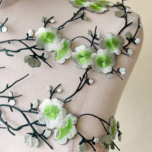 2pcs Iron on Plum Flower Applique Green Color Embroidery Vine of Floral for Clothing,Costumes - color: Green
