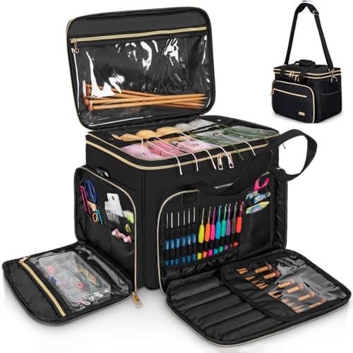 FREEAMG Knitting Bag, Crochet Bag Organizer, Yarn Storage Bag with Divider - color: Black