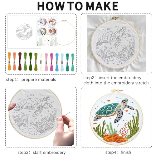 INFUNLY 4 Sets Whale Embroidery Kits for Beginners DIY Cross Stitch Starter Kits with Turtles Seahorses Patterns Fish Sea Animals Embroidery Kits with Instructions Embroidery Cloth Hoops Threads Tools - style: Marine animals