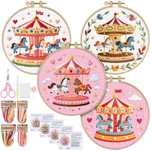 ERKOON 4 Set Embroidery Kit for Beginners, Cross Stitch Set Include Embroidery Cloth Hoops Threads for Craft Lover Hand Stitch with Embroidery Skill Techniques (Carousel) - color: Carousel