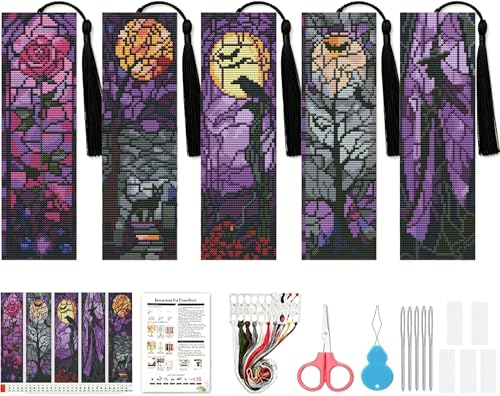 NEGEKFKX 5 Pcs Halloween Cross Stitch Bookmark Kit for Adult Beginners - color: Cross stitch bookmark-21