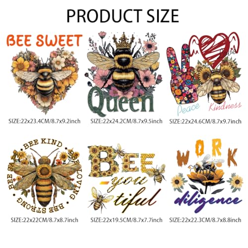 arricraft 6 Sheets Bee Iron on Decals Patches, Flowers Iron on Stickers Bee Sweet Bee Kind Bee Loving Transfer Stickers PET Washable Patches for DIY Clothes Decor, 8.7inch(22cm) Long - size: 8.7 Inch Long, style: Sweet Bee