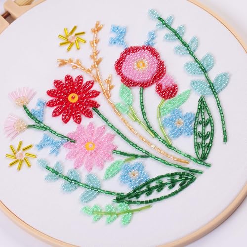 Harimau Bead Embroidery Starter Kit for Beginners (3 Sets) – Basic Flower Stitches, Includes Embroidery Hoop, Diagrams & Step-by-Step Video Tutorials – Gift for Craft Lovers - color: Red
