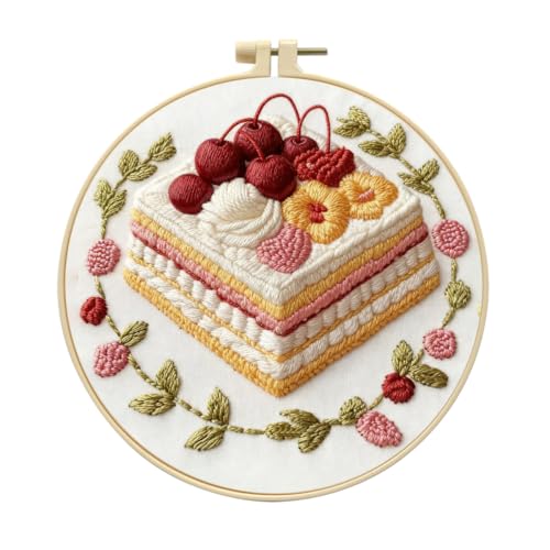 Zhenqing Cherry Mille Crepe Cake Embroidery Kit for Beginners, Pre-Printed 29x29cm Fabric with 20cm Hoop & Threads, Floral Cake Design for Home Decor(C0178)