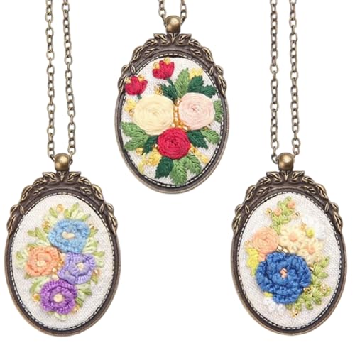 SUNNYCLUE DIY 3 Sets Embroidery Necklace Kits Embroidery Necklace Pendant Trays with Paper Instructions Flower Mini Cross Stitch Kit for Jewelry Making Supplies Adult Beginners Starter Handmade Gifts - style: Flower 2