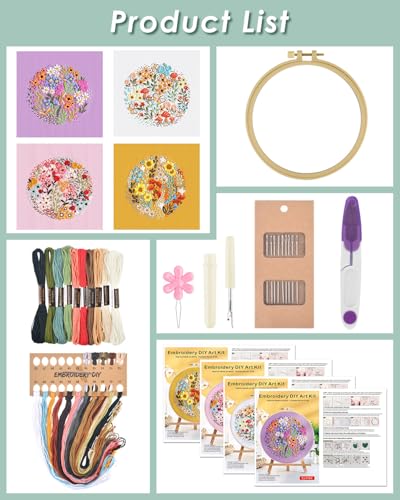 ERKOON 4 Sets Embroidery Kit for Beginners,Hummingbird and Flower Cross Stitch Set for Include Embroidery Cloth Hoops Threads for Craft Lover Hand Stitch (Flower) - color: Flower