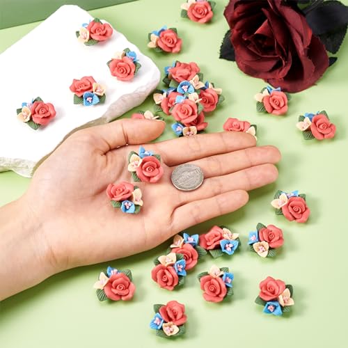 Beadthoven 50pcs Flatback Rose Flower Handmade Porcelain Cabochons Colorful Floral Bouquet Clay Beads Charms No Hole for Gluing DIY Jewelry Making Supplies Stud Earring Embellishment - color: 0Rose#21~24mm