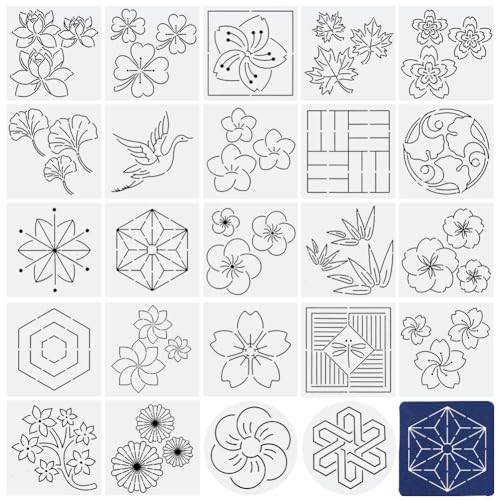 FREEBLOSS 24Pcs Sashiko Stencil Set PET Sashiko Templates Square Embroidery Template Sashiko Kit Sashiko PET Stencil Kit Embroidery Pattern Stencil for Quilting Drawing Line 5.5"*5.5"