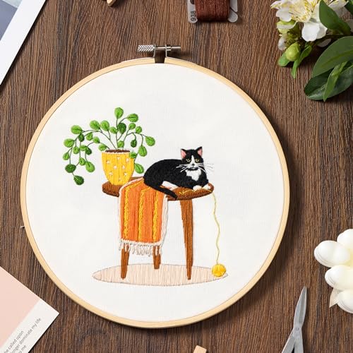 Bonroy 4 Sets Embroidery Set for Beginners, Art Craft, Easy Sewing, Includes Embroidery Clothing, Pattern, Embroidery Hoop, Instruction Manual, Colorful Thread Stitch Set (Cat) - color: Cat