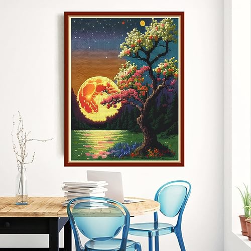 Redxing Cross Stitch Kit for Beginners Adults, 11CT Moonlight Scenery Stamped Kits Embroidery DIY Needlepoint Art Craft Kit, 15.7x19.7 inch - color: Style 11