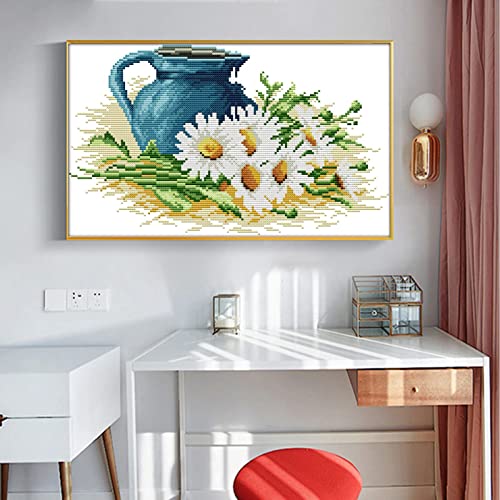 ITSTITCH Stamped Cross Stitch Kits for Adult-Full Set The Pottery and Daisy Patterns Embroidery,Needlepoint Starter Kits 11ct 3 Strands-17.7x11 inch - color: The pottery and daisy ,17.7x11 inch