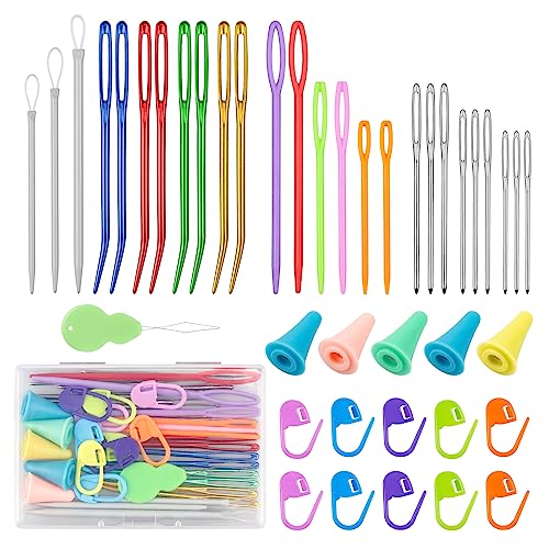 FIVEIZERO 43 Pcs Yarn Needles Set, Assorted Yarn Needles Bent Tapestry Needle Weaving Needle Darning Needles Big Eye Blunt Knitting Needles with Stitch Markers for Knitting Crochet Kit - color: Colorful 43PCS