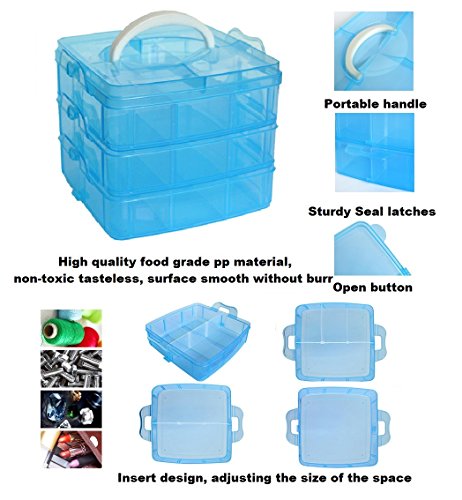 Kamay's Medium 3 Tier Stackable Adjustable Compartment Slot Bead Craft Jewellery Tool Storage Organiser Snap-lock Tray Container, with 18 Compartments, Container Box Blue - style: Medium 3 Tier 18 Compartments Blue