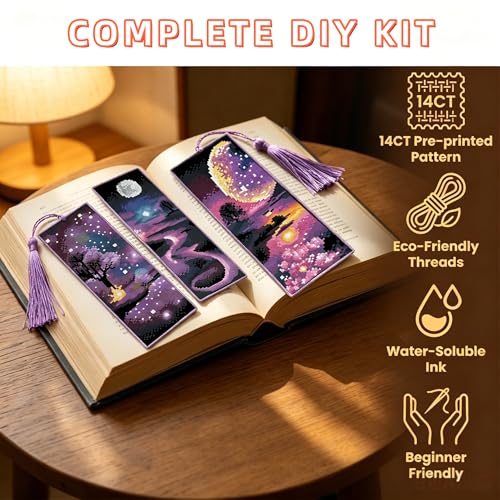 4PC Starry Night Counted Cross Stitch Bookmark Kit for Adults Beginners - color: SQJ002-01
