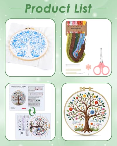 ERKOON Embroidery Kit for Beginners Adult, Cross Stitch Set Include Embroidery Cloth Hoops Threads for Craft Lover Hand Stitch with Embroidery Skill Techniques (Tree) - color: Tree