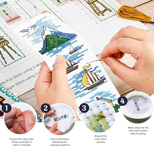 FREEBLOSS 6 Set Cross Stitch Bookmark Kit Stamped Cross Stitch Kit Ocean View Theme Embroidery Set with Instruction for Adults 8''*2.4'' - style: Gulf Coast