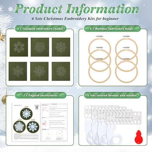 Roowest 6 Sets Christmas Embroidery Kits Snowflake Ornament DIY,Green - color: Green