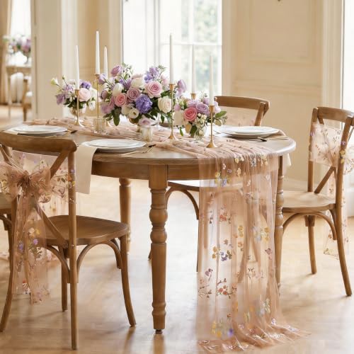 Floral Gauze Table Runner 10ft Embroidery Tulle Spring Wildflower Table - color: Brown, size: 27"x120",1pc