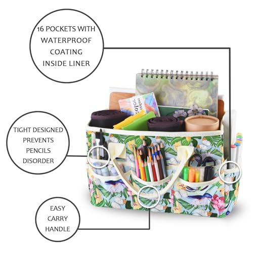 Craft Organizer Tote Bag with Multiple Pockets,Scrapbooking Art Storage - color: green flower clusters