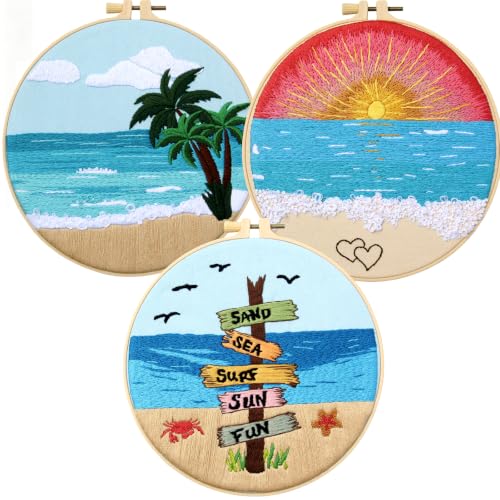 Beach Embroidery Kits for Beginners Adults, Coastal Hand Embroidery Set Needlepoint Kits, Sea Sunrise Stamped Cross Stitch Kits for Beginner Adults, 3 Embroidery Hoop, Fabric (Attached Video Tutorial) - color: Beach, size: 8inch