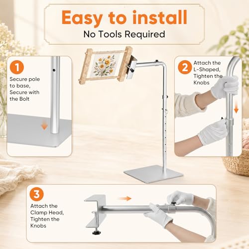 Workstand with Side Clamp, Adjustable Cross Stitch Floor Stand, Rotating Needlepoint Stand, Fits Lowery Stand, Q-Snap Frames and Scroll Rods Up to 20" Wide, Heavy Duty Metal Construction