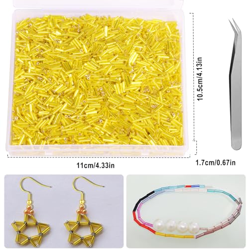 4000pcs Yellow Bugle Beads Bulk -Embroidery Beads,Long Tube Bead for Jewelry Making, Bracelet Necklaces Supplies,Craft DIY(7x2mm) - color: Yellow