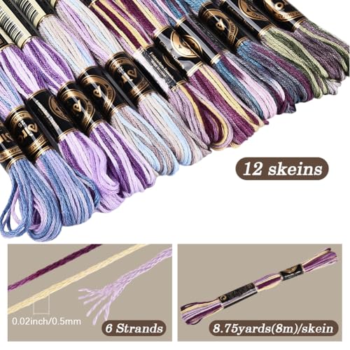 12 Skeins 105 Yards Purple Embroidery Thread Variegated Cross Stitch Floss Bulk 6 Ply Polyester Yarn Colorful Friendship Bracelet String for Sewing Making Needlecraft Knitting Stitching DIY - color: Dark Purple