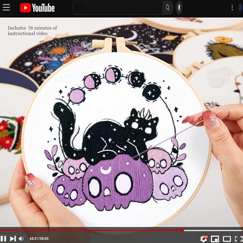 Crafmanoe Halloween Embroidery Kit for Beginners Adults, Skull Cat Stamped Cross Stitch Kit for Adult Beginner, Gothic Ghost Hand Embroidery Needlepoint Kits, 3 Set Embroidery Hoops and Video Tutorial - color: Purple