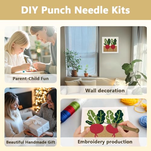 Doodlream Fresh Radish Needle Kit for Beginner, 9.4"x 9.4" Vegetable in Soil Punch Stitching Craft Set, Color DIY Embroidery Starter with Printed Frame, Instruction, Threader, Yarn, Pinch Needle - color: Radish