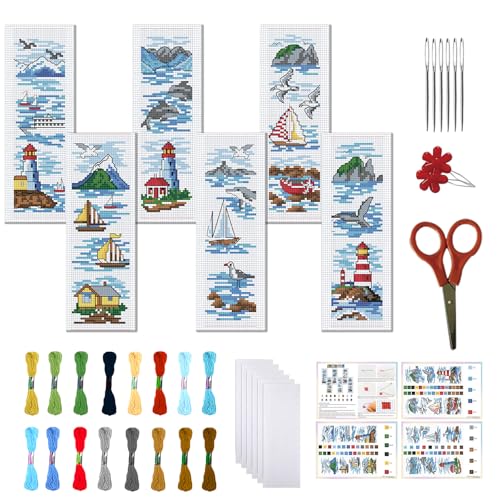 FREEBLOSS 6 Set Cross Stitch Bookmark Kit Stamped Cross Stitch Kit Ocean View Theme Embroidery Set with Instruction for Adults 8''*2.4'' - style: Gulf Coast