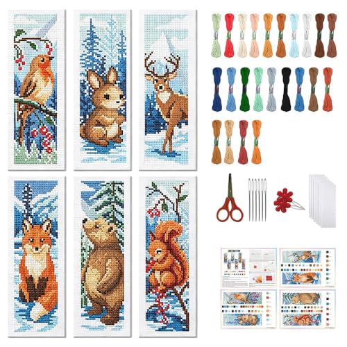 FREEBLOSS 6 Set 11CT Cross Stitch Bookmark Kits 8"x2.4" Winter Animals - style: Winter Animals