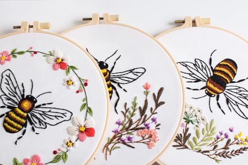 Konrisa Embroidery Kits for Adults Beginner, European Style Bees Collect Honey Stamped Embroidery Starter Kit,DIY Sewing Practice, Needlepoint Cross Stitch Kit,Set of 3 - color: bee
