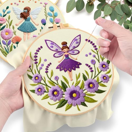 ERKOON Embroidery Kit for Beginners, 2 Set Flower Cross Stitch Set Include Embroidery Cloth Hoops Threads for Craft Lover Hand Stitch with Embroidery Skill Techniques (Angel) - color: Angel