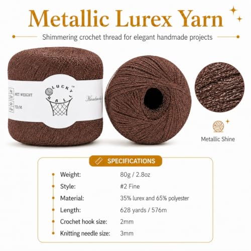 2PCS Metallic Crochet Thread,Yarn for Crocheting,Metallic Thread Round Band Yarn,Lurex Yarn with Metallic Shine, Sparkle Metallic Yarn for Clothes, Car Charm, Keychain Charm 80g Coffee - color: coffee