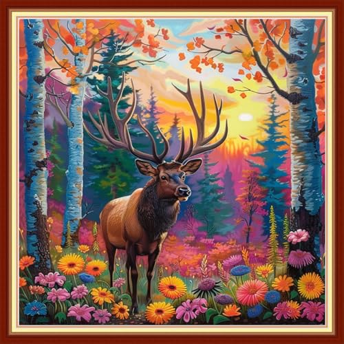 Funchey Stamped Cross Stitch Kits, DIY Cross Stitch Pattern for Adults Beginners Needlepoint Kits Embroidery Kit Arts and Crafts 11CT-Forest elk 18x18 inchs - color: HandicraftColor17