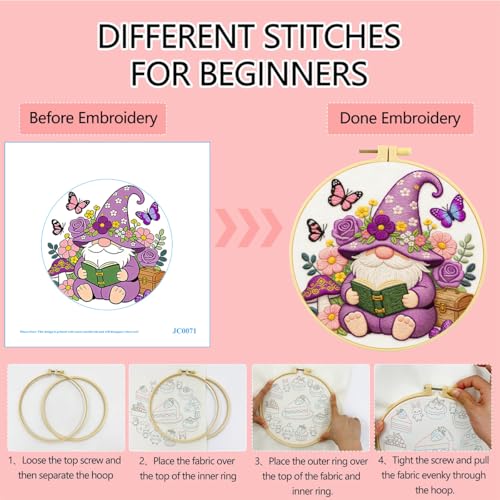 Zhenqing Purple Gnome Reading Book Embroidery Kit, Fairy Garden Craft Set with 20cm Hoop, Printed Design on 29x29cm Cotton Fabric, DIY Whimsical Wall Art (JC0071)