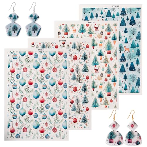 KABAKE Polymer Clay Transfer Paper 4 PCS Colorful Flowers Water Soluble Transfer Sheet for Earrings Jewelry Making - color: Xmas Theme