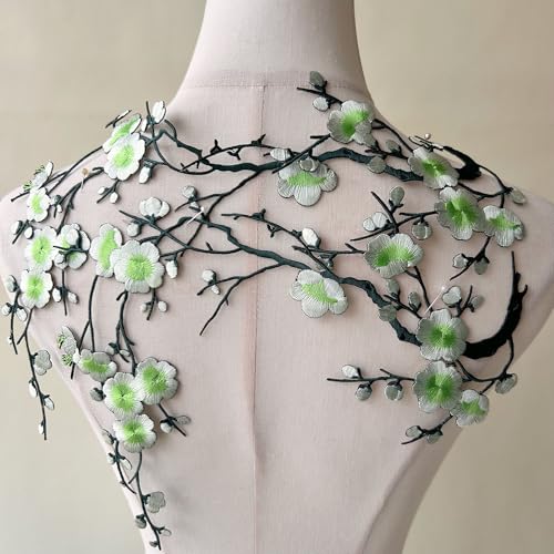 2pcs Iron on Plum Flower Applique Green Color Embroidery Vine of Floral for Clothing,Costumes - color: Green