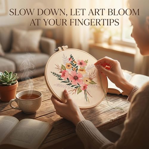 Harimau Adult Beginner Embroidery Starter Kit, Complete Set with 4 Patterns, 2 Hoops, Needles, Scissors, Instruction Guide & Stitching Video Tutorials - color: Floral6 pattern