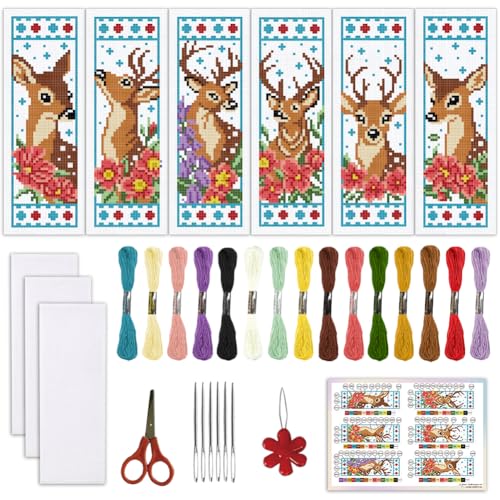 ORIGACH 6 Set Deer & Flower Cross Stitch Bookmark Kit for Beginner - style: Deer & Flower