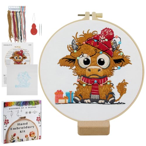 Christmas Highland Cow Embroidery Kit for Beginners Adults Easy Embroidery Starter Kit Highland Cow Christmas Hat Cross Stitch Kits Embroiderys Hoop Needlepoint Kits with Instruction Needles Thread - color: Christmas Highland Cow