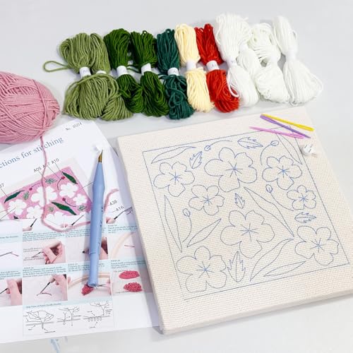 Allazone Punch Needle Embroidery Kit Frame - Square Fabric with Flower Pattern, Hoop, Yarns, Punch Needle (Pink and White) - color: Pink and White