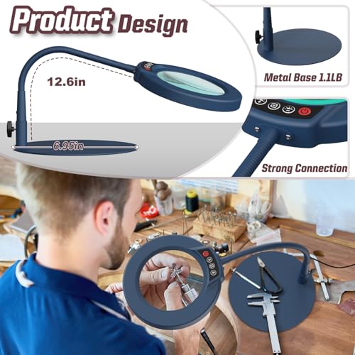 10X Magnifying Glass with Light and Stand, 5 Color Modes Stepless Dimmable LED Lighted Desk Lamp, Hands Free Flexible Gooseneck Magnifier with Light for Craft Hobby Painting Close Work - Blue - color: Blue, size: 10X-12.6in