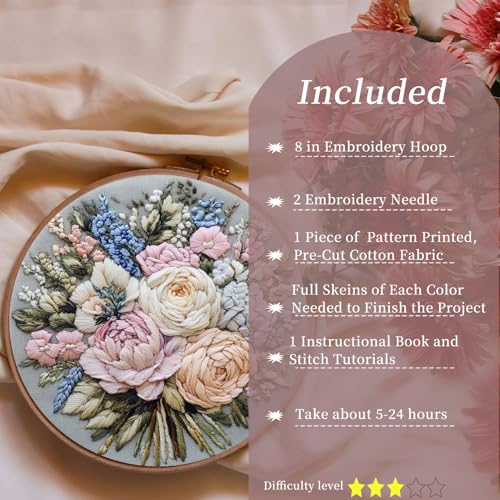 FONNUY Bouquet Flowers Embroidery Kit for Beginners, Pre-Stamped Pattern Kits for Adults with Hoop, Easy to Follow Color Thread Needlework, 8'' Hoop (Heartwarming) - style: Heartwarming