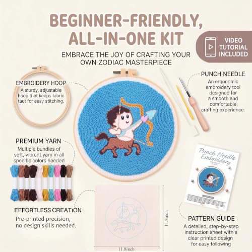 Harimau Punch Needle Kit Twelve Zodiac Signs Pattern,1Pc Embroidery Hoop, Essential Punch Needle Supplies,Ideal Punch Art for Beginners,DIY Adults Embroidery, Video Teaching - color: 65283