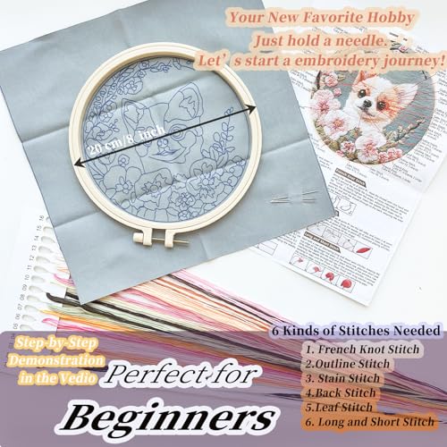 FONNUY Chihuahua Dog Floral Embroidery Kit, Cross Stitch Kits for Beginners, Handmade Crafts with Printed Patterns for Beginner Adults, Easy to Follow Color Thread Needlework, 8'' Hoop (Petite Dog) - color: Petite Dog